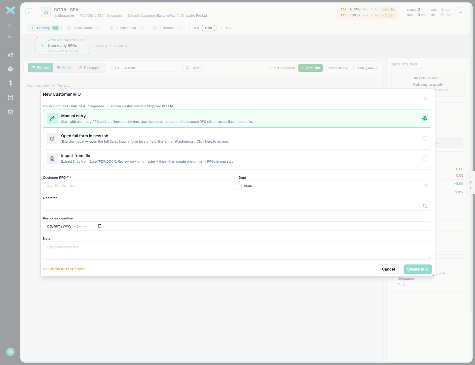 New Customer RFQ modal