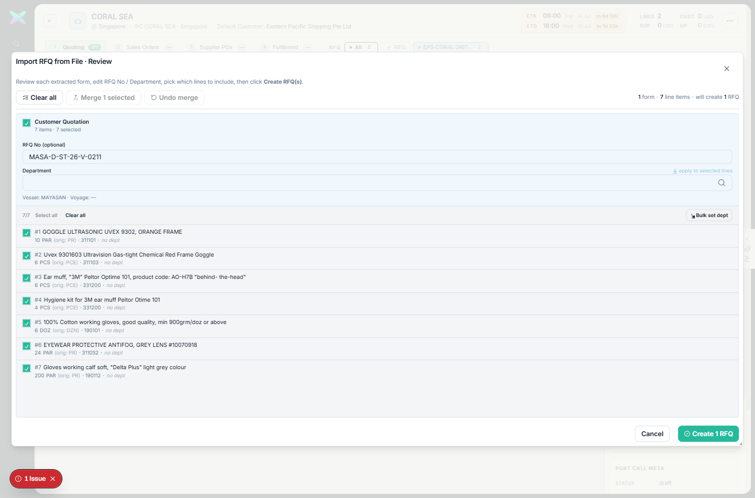 Import review modal with 7 extracted lines