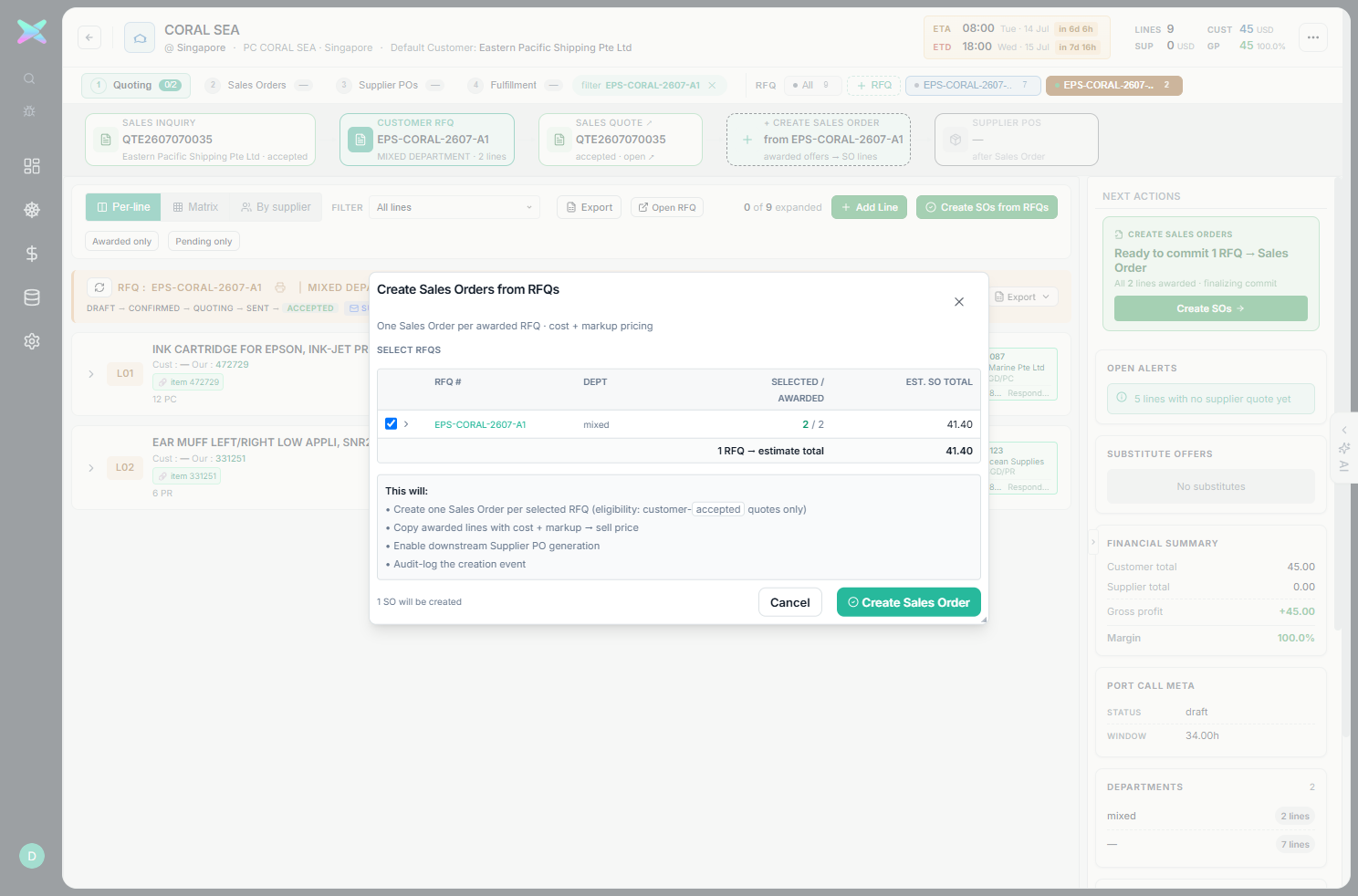 Create Sales Orders from RFQs modal