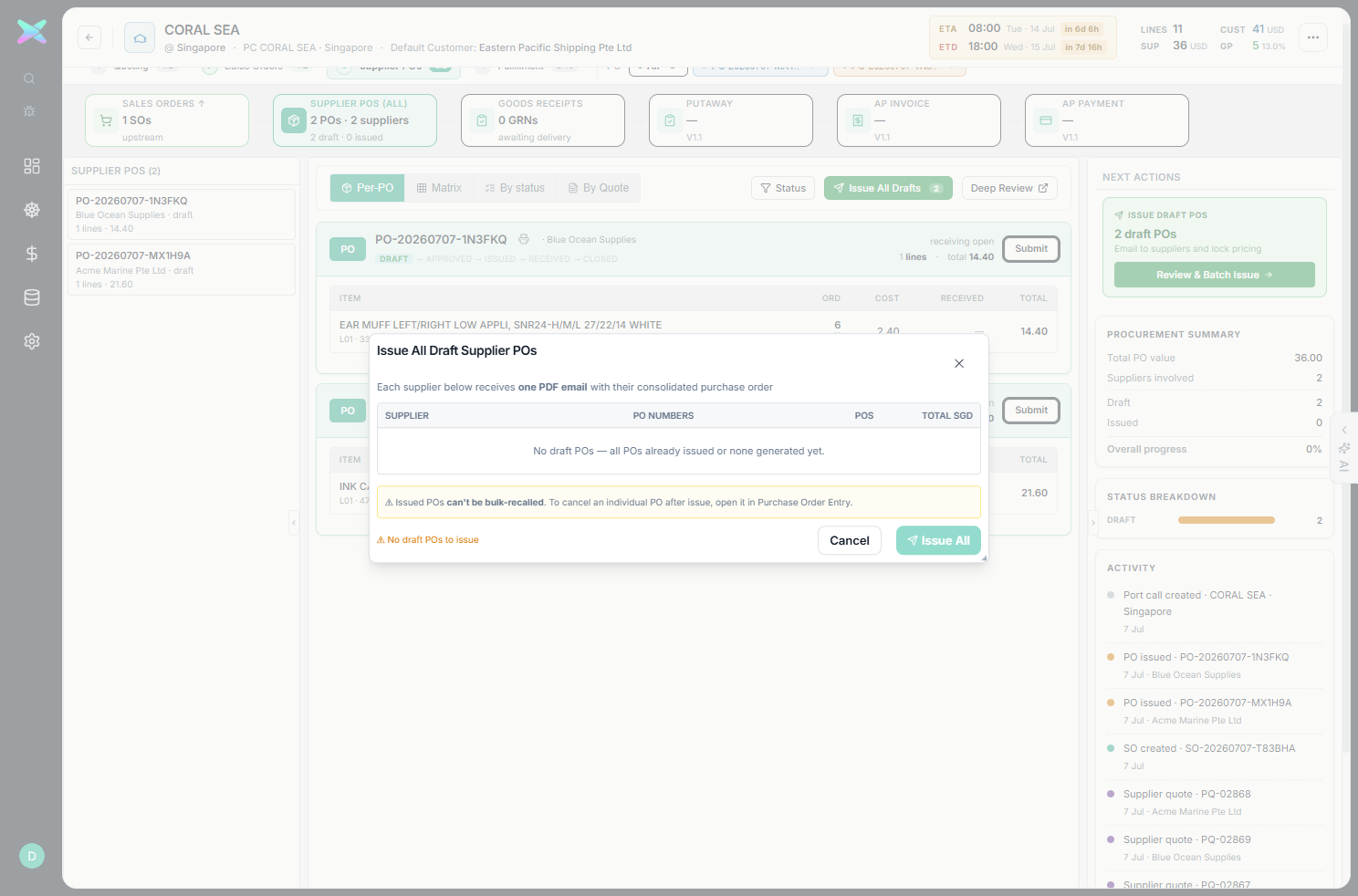 Issue All Draft Supplier POs modal